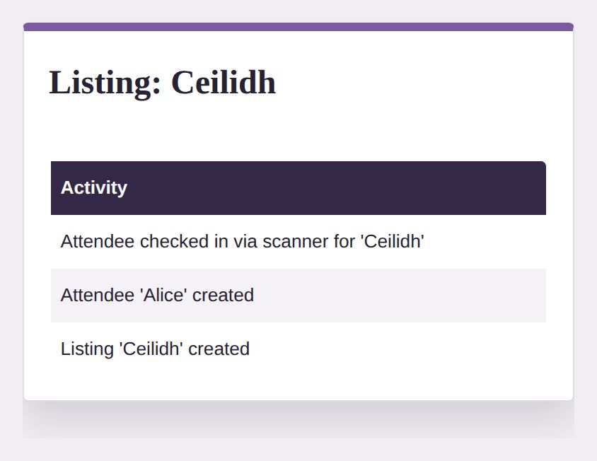 A screenshot of a listing's activity record, showing an attendee checked in via scanner, the attendee created, and the listing created