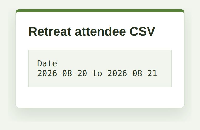 A screenshot of the Retreat attendee tab, showing one Guest place on Saturday 15 August 2026 and an Export CSV link