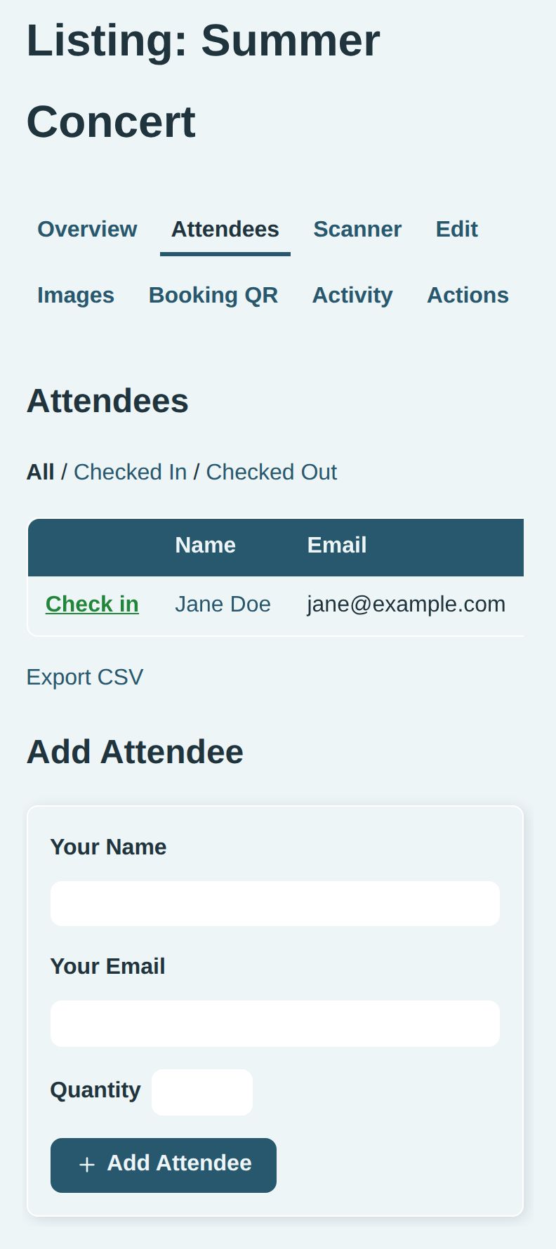 A screenshot of the restored Summer Concert attendee tab, showing Jane Doe and jane@example.com