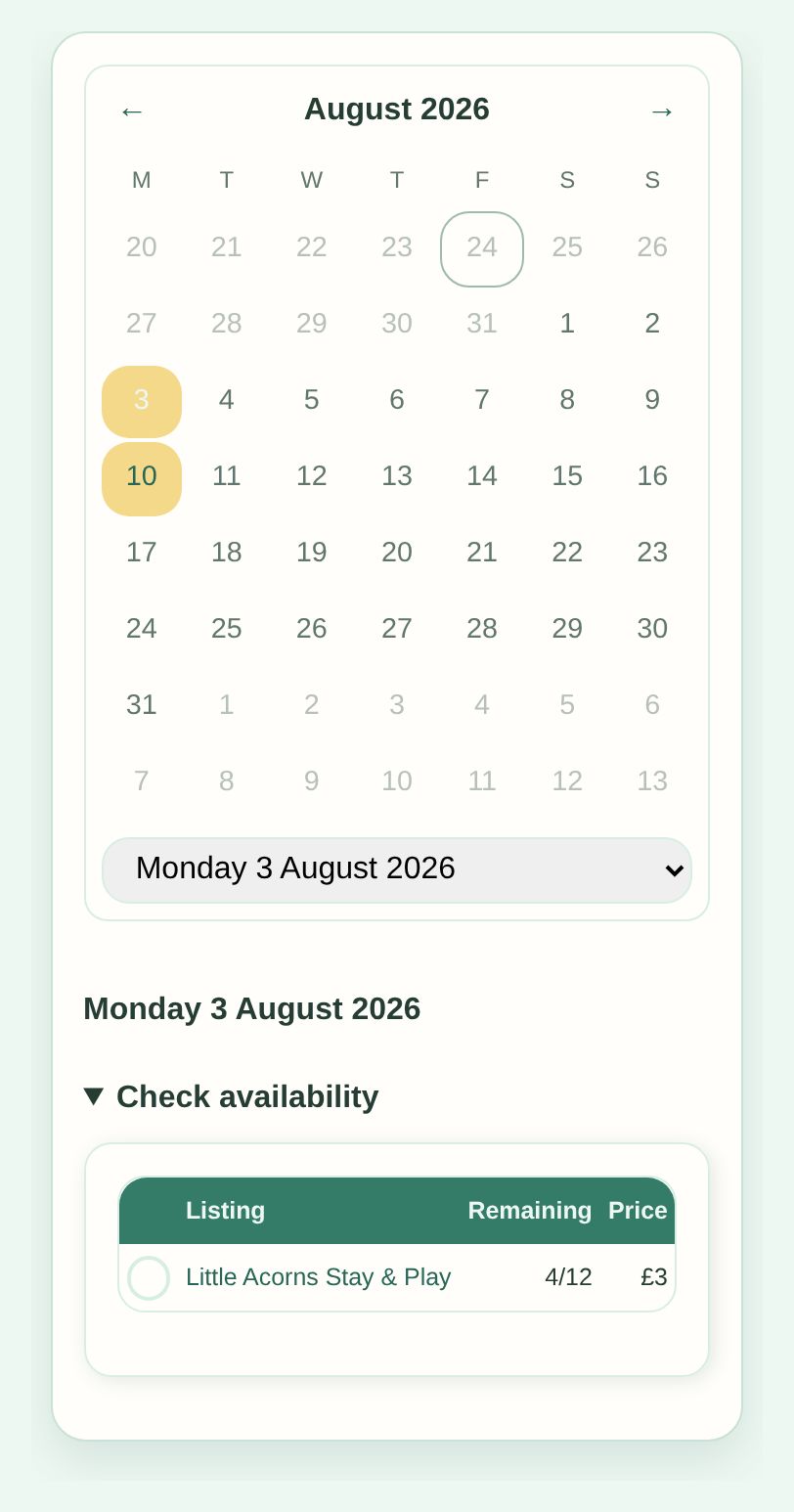 Calendar for Little Acorns Stay and Play showing bookings and remaining capacity by date