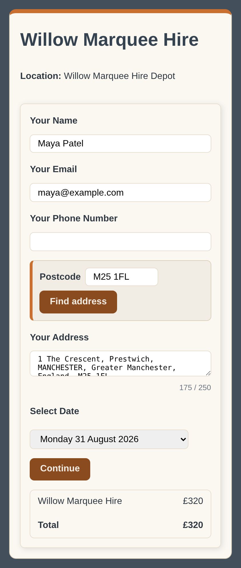 A marquee hire booking form with a postcode search box showing M25 1FL and the chosen address filled into the address field