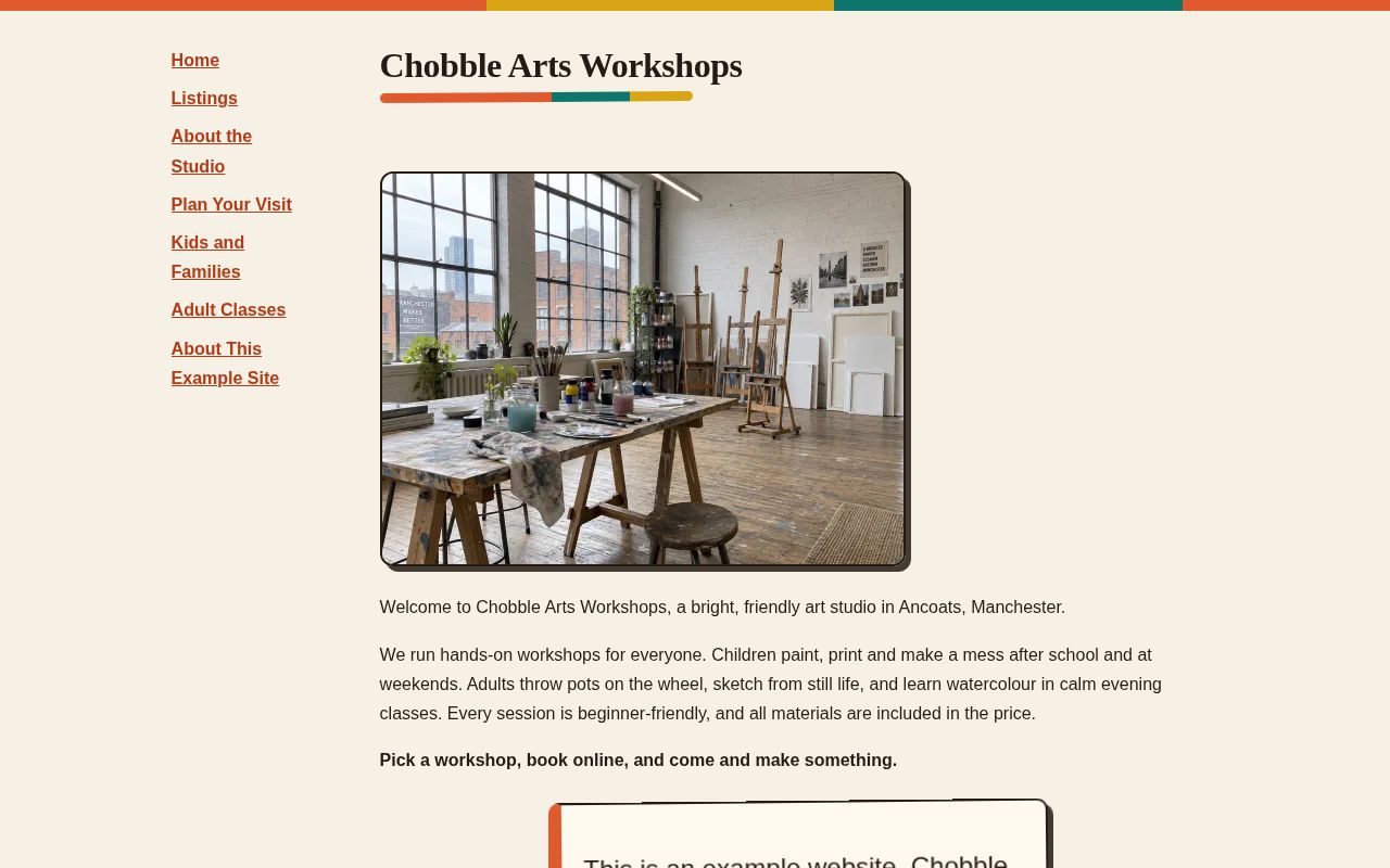 The home page of the Chobble Arts Workshops demo site