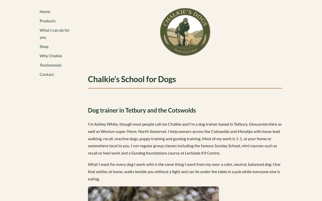 The home page of the Chalkie's School for Dogs website at chalkiesdogs.co.uk