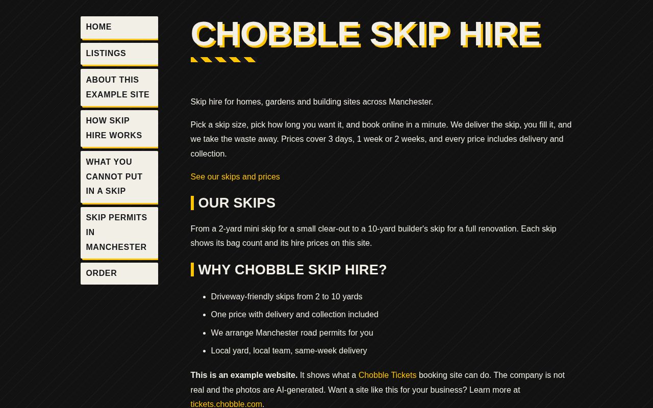 The home page of the Chobble Skip Hire demo website