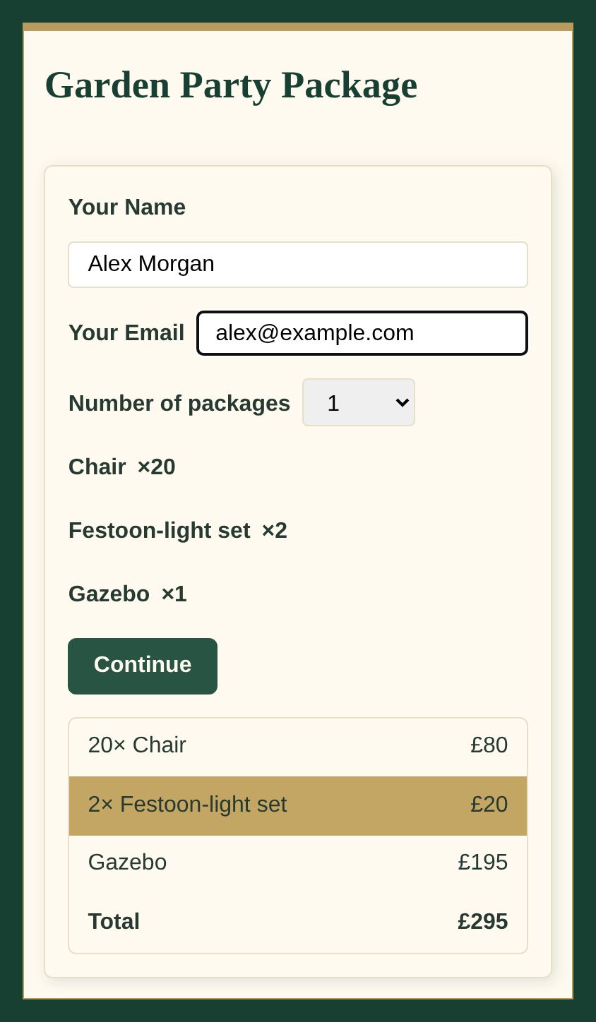 A mobile checkout for a garden party package with one gazebo, twenty chairs, and two festoon-light sets