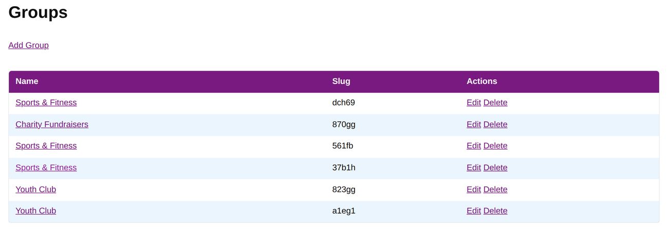 The groups management page for organising related events