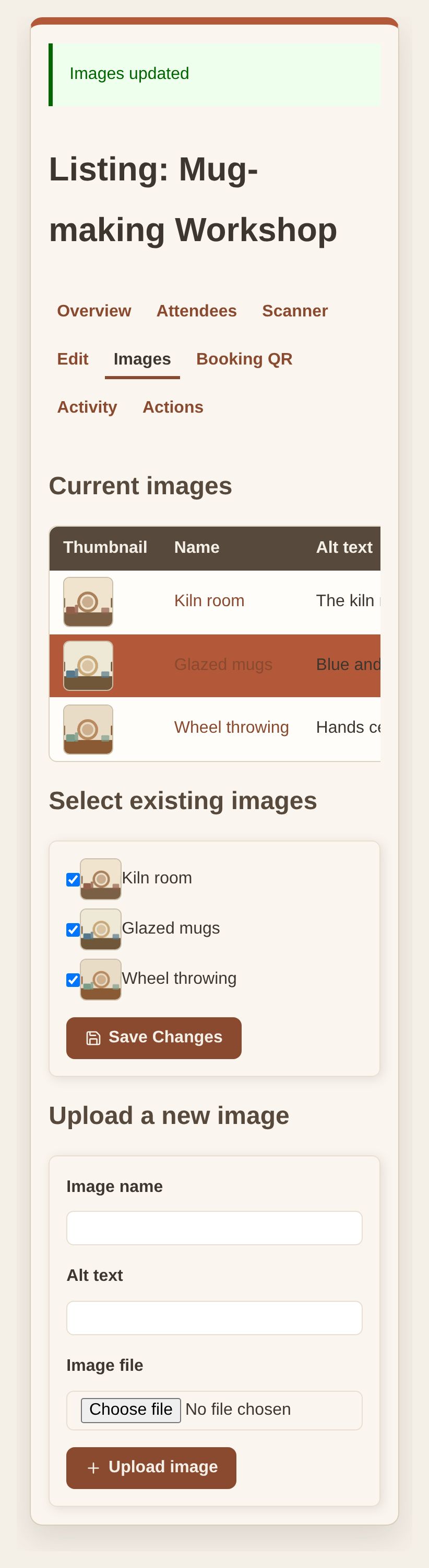 A pottery workshop listing's Images tab listing three linked images with their thumbnails, names and alt text, beside checkboxes to reuse any library image