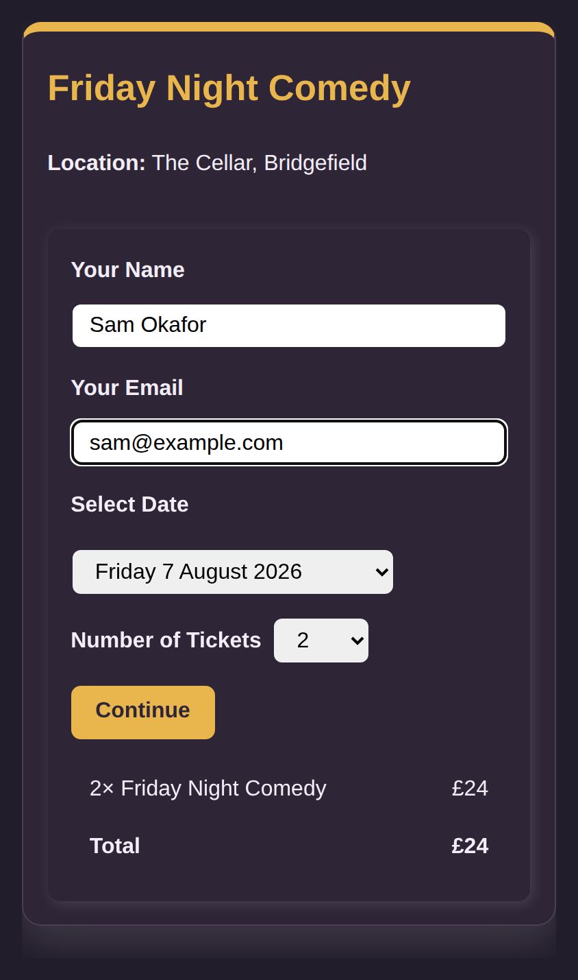A comedy club checkout for Friday Night Comedy at The Cellar, with a Friday date selected, two tickets chosen, and a £24 total