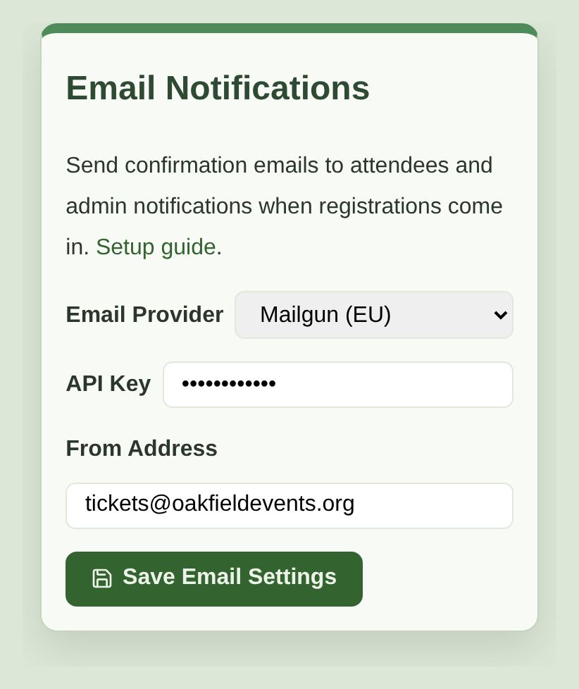 An email settings form with Mailgun (EU) selected as the provider, a masked API key and a tickets@oakfieldevents.org sender address