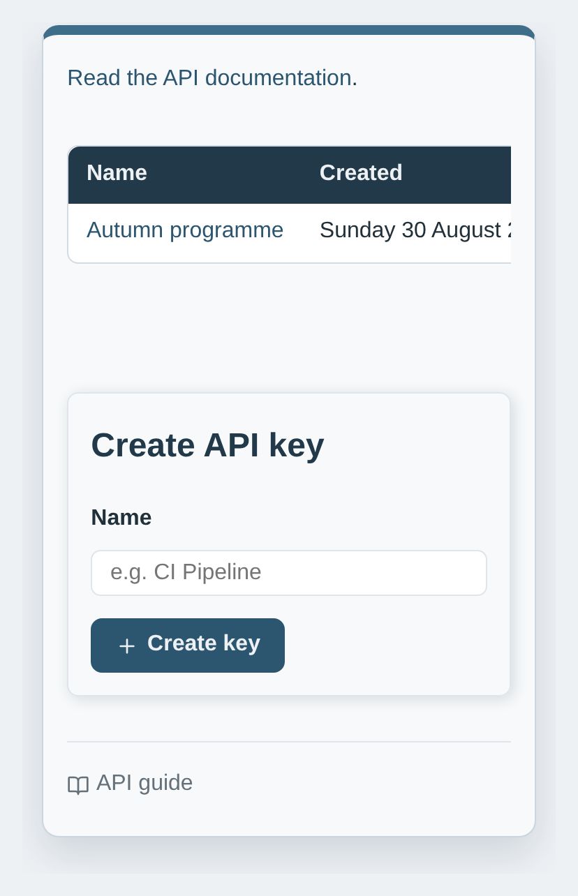 An API keys page showing a key named Autumn programme with its creation date and a last-used date