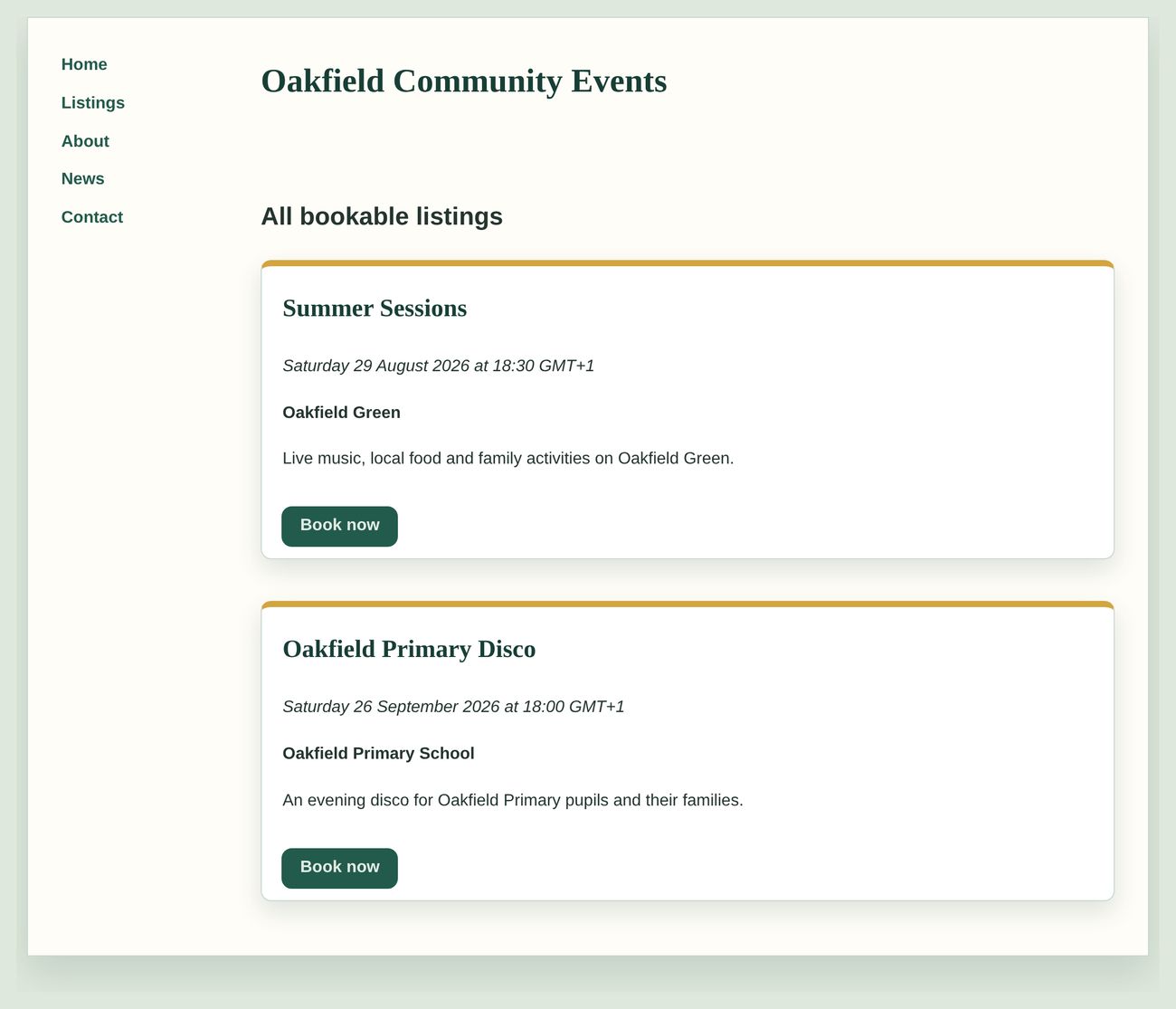 Oakfield Community Events public listings page with navigation and booking cards for Summer Sessions and Oakfield Primary Disco
