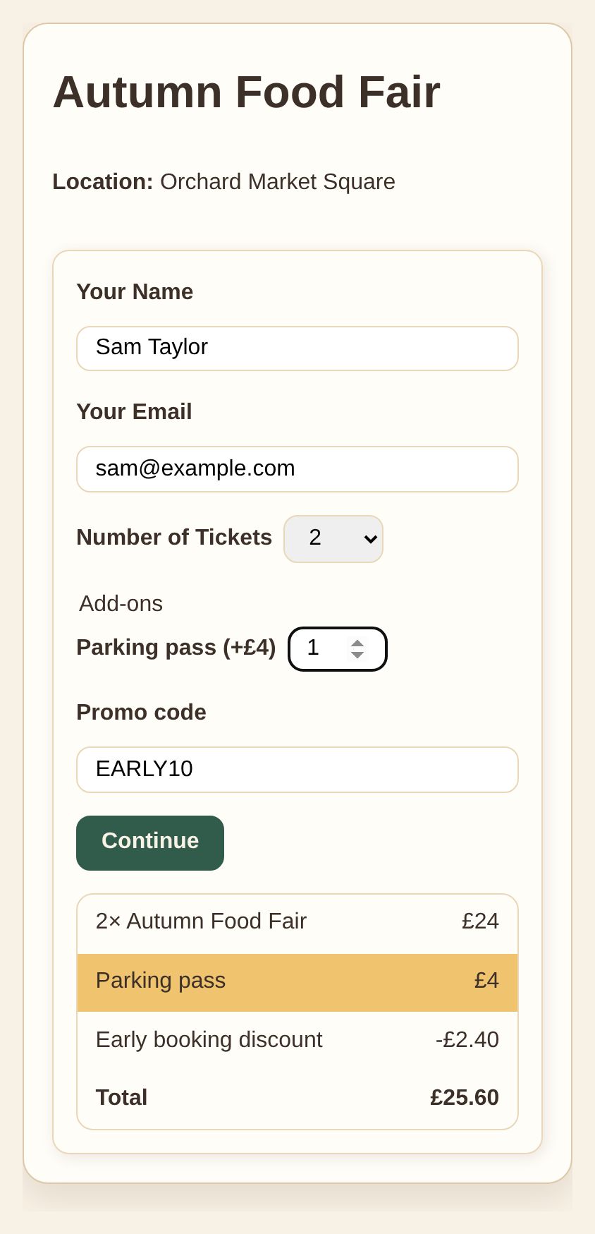 Autumn Food Fair checkout with two tickets, an EARLY10 discount code and a parking pass