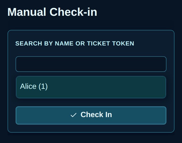 Manual check-in search on a listing's scanner page, offering Alice and her one place