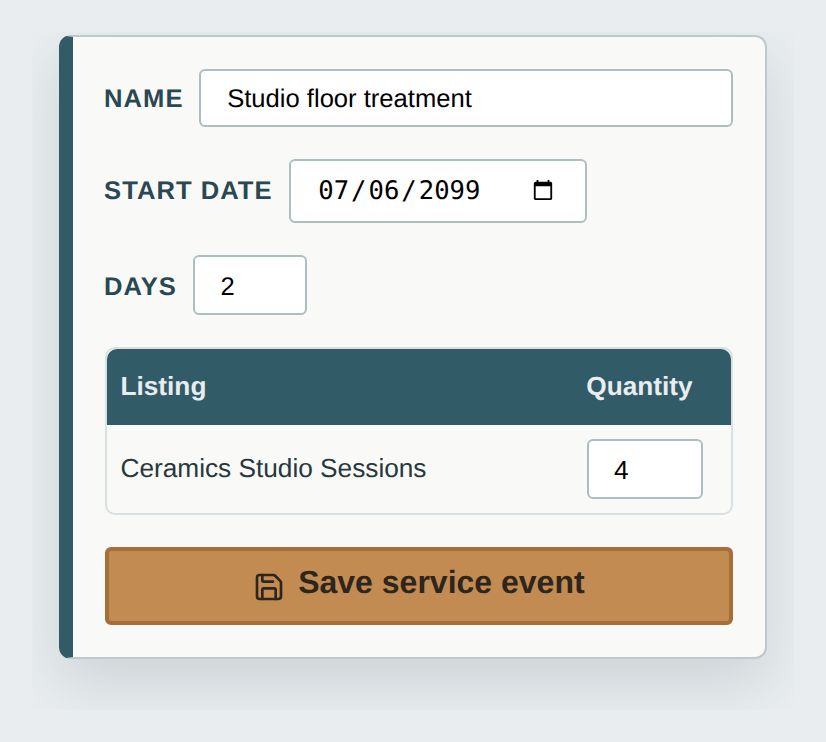 Service event form holding four Ceramics Studio Session places for a two-day floor treatment