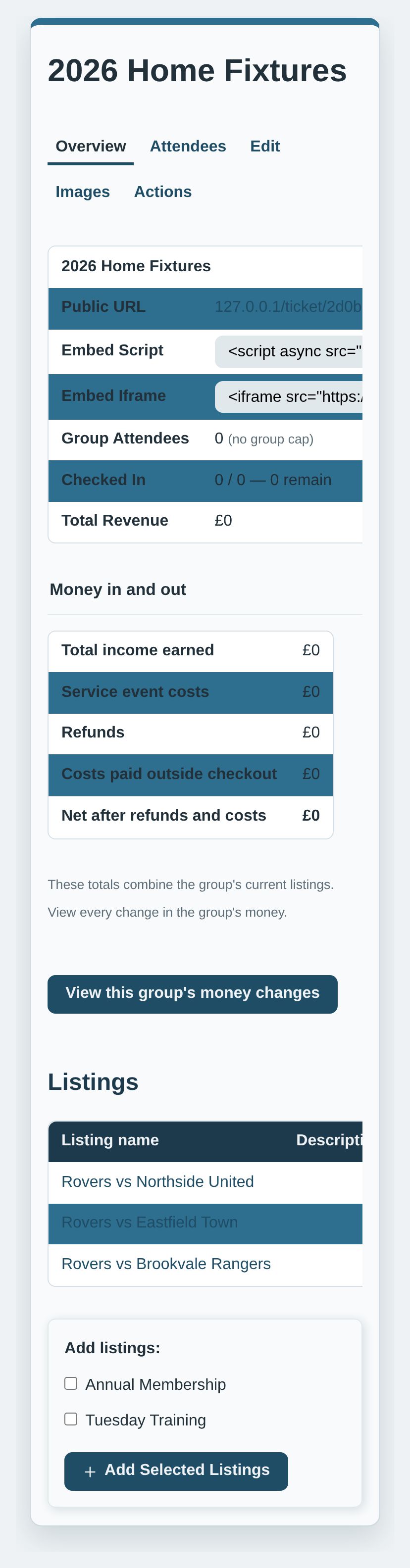 A sports club's home fixtures group page listing three match listings at £8 each
