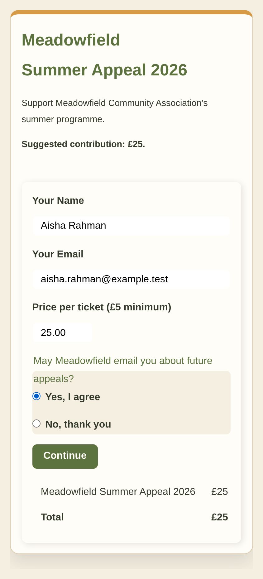 Meadowfield Summer Appeal checkout with £25 entered above a £5 minimum, a Yes email choice and a £25 total
