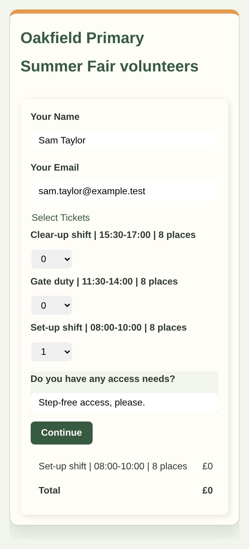Oakfield Primary volunteer form with the set-up shift selected, a step-free access answer and a £0 total