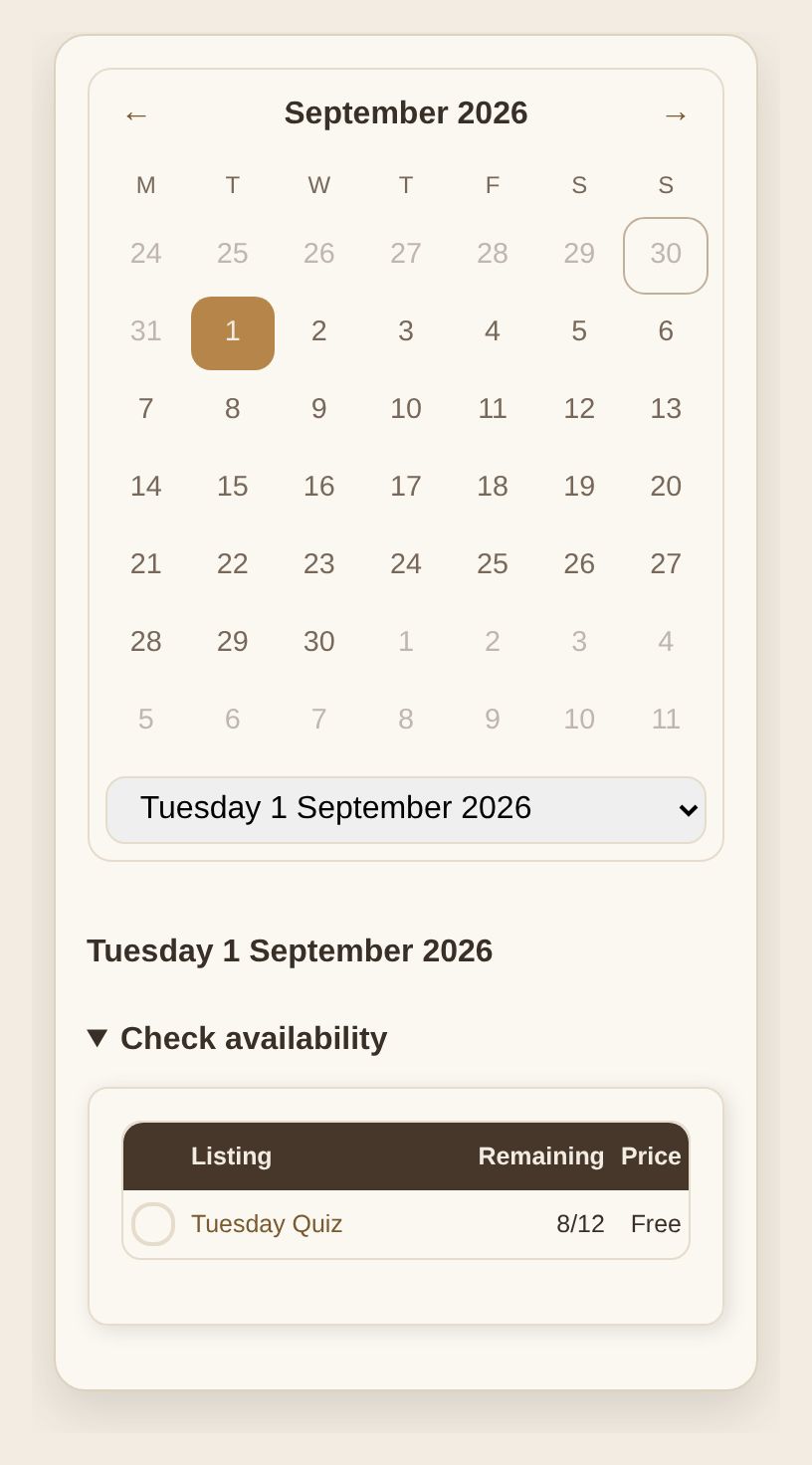 A pub quiz's admin calendar showing one date's availability with 8 of 12 places remaining