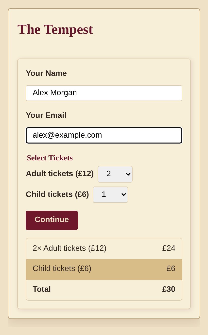 The Tempest group checkout with two adult tickets and one child ticket, showing £30 owed